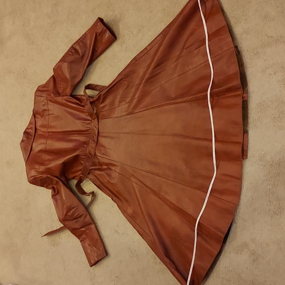 Ladies Brown Leather Long Coat - Picture 13 of 14